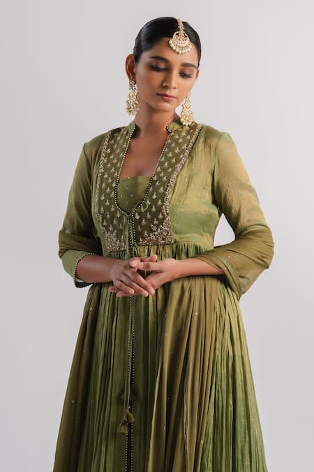 Buy_Tussah By Siddhi Shah_Green Tissue Hand Embroidered Beads Jacket  Mandarin Gharara Set  _Online_at_Aza_Fashions