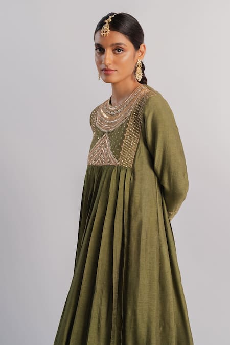 Buy_Tussah By Siddhi Shah_Green Slub Silk Hand Embroidered Sequins Yoke Anarkali And Pant Set  _Online_at_Aza_Fashions