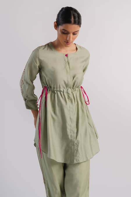 Tussah By Siddhi Shah_Green Spun Silk Solid Round Kurta And Straight Pant Set  _Online_at_Aza_Fashions