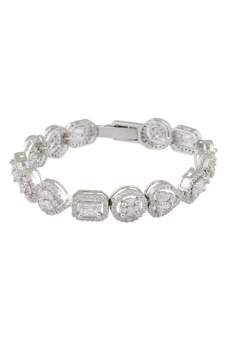 Shop Chaotiq By Arti Silver Plated Diamonds Geometric Heart Motif Tennis Bracelet at Aza Fashions Shop_Chaotiq By Arti_Silver Plated Diamonds Geometric Heart Motif Tennis Bracelet_at_Aza_Fashions