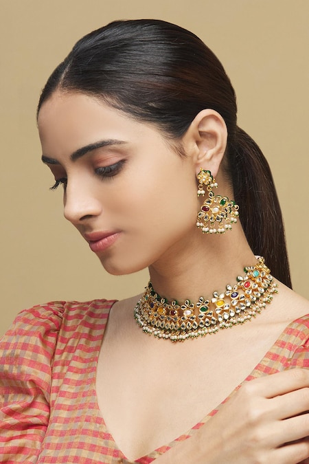 Zevar by Geeta Multi Color 22kt Gold Plated Kundan Set