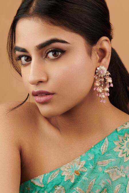 Shop_Curio Cottage_Pink Beads And Kundan Infloresence Layered Dangler Earrings_Online_at_Aza_Fashions
