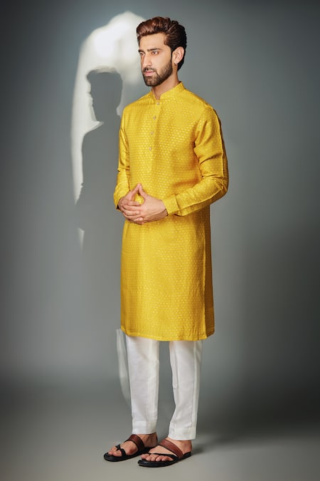 Chatenya Mittal Yellow Silk, Cotton Hexagon Self Pattern Kurta Set Online at Aza Fashions Chatenya Mittal_Yellow Silk, Cotton Hexagon Self Pattern Kurta Set_Online_at_Aza_Fashions