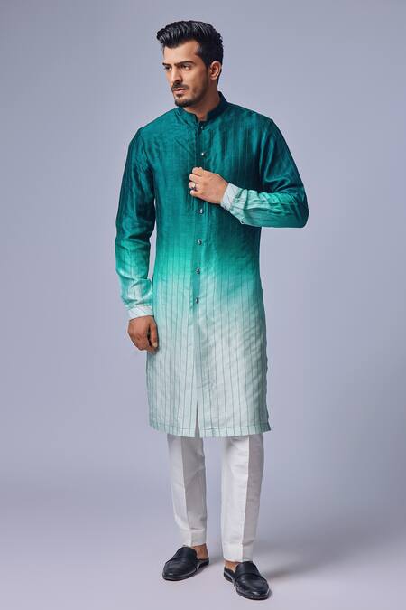 Shop_Chatenya Mittal_Green Silk, Cotton Ombre Kurta And Pyjama Pant Set _at_Aza_Fashions