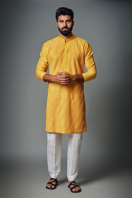 Chatenya Mittal Yellow Cotton Silk Textured Pintucks Kurta And Pyjama Pant Set 