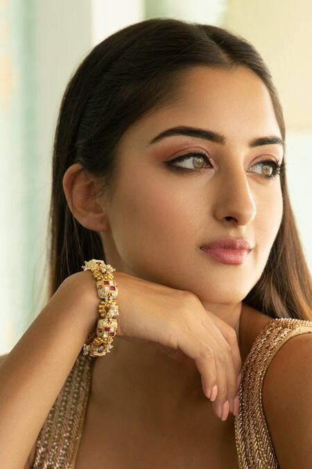 Buy Curio Cottage Blue Kundan And Pearls & Embellished Bangle at Aza Fashions Buy_Curio Cottage_Blue Kundan And Pearls & Embellished Bangle_at_Aza_Fashions