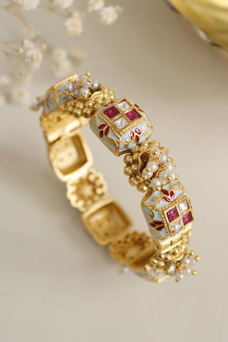 Shop Curio Cottage Blue Kundan And Pearls & Embellished Bangle at Aza Fashions Shop_Curio Cottage_Blue Kundan And Pearls & Embellished Bangle_at_Aza_Fashions