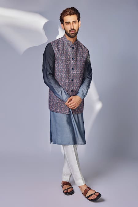 Chatenya Mittal Grey Bundi Irish Linen Printed Zhaki Floral And Kurta Set  2