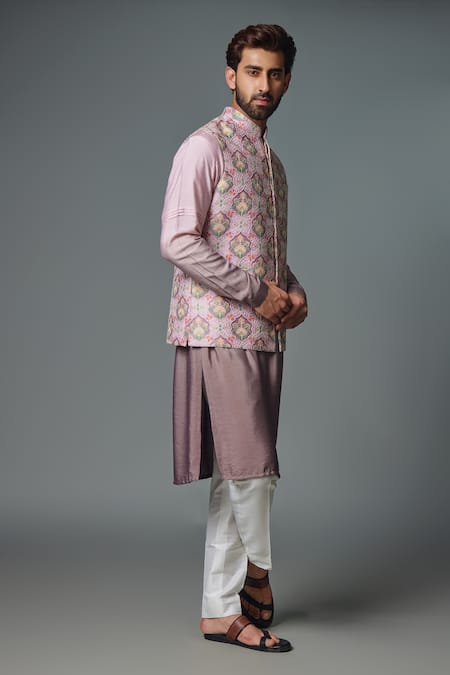 Shop_Chatenya Mittal_Gray Silk, Cotton Embroidery Floral Jaal Print Bundi Kurta Set_at_Aza_Fashions