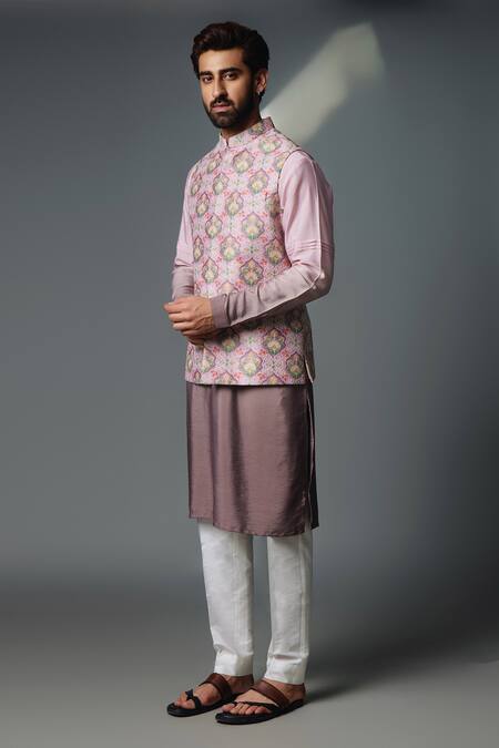 Buy_Chatenya Mittal_Gray Silk, Cotton Embroidery Floral Jaal Print Bundi Kurta Set_Online_at_Aza_Fashions