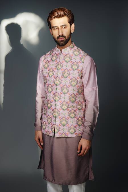 Shop_Chatenya Mittal_Gray Silk, Cotton Embroidery Floral Jaal Print Bundi Kurta Set_Online_at_Aza_Fashions