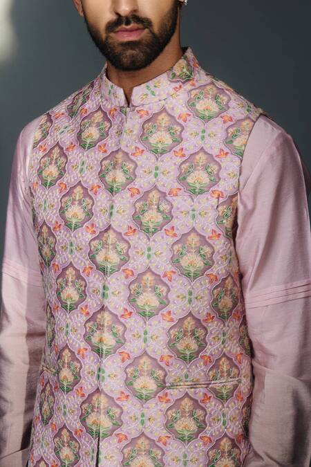 Chatenya Mittal_Gray Silk, Cotton Embroidery Floral Jaal Print Bundi Kurta Set_Online_at_Aza_Fashions