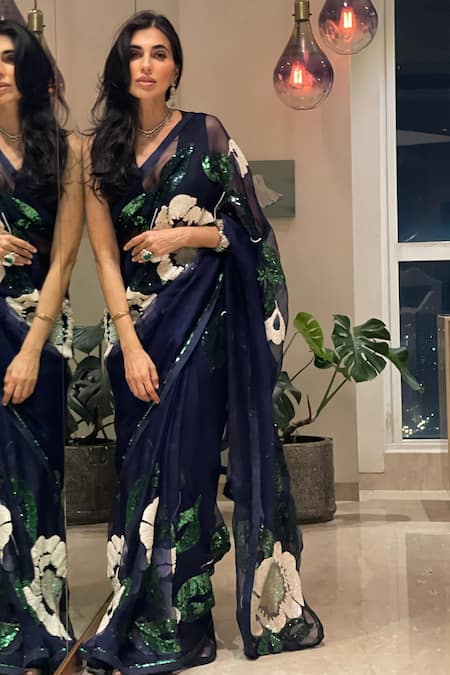 Buy Atelier Shikaarbagh Blue Saree - Silk Organza Embroidery Sequin Floral Online at Aza Fashions Buy_Atelier Shikaarbagh_Blue Saree - Silk Organza Embroidery Sequin Floral _Online_at_Aza_Fashions