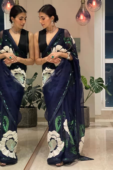 Buy Atelier Shikaarbagh Blue Saree - Silk Organza Embroidery Sequin Floral Buy_Atelier Shikaarbagh_Blue Saree - Silk Organza Embroidery Sequin Floral
