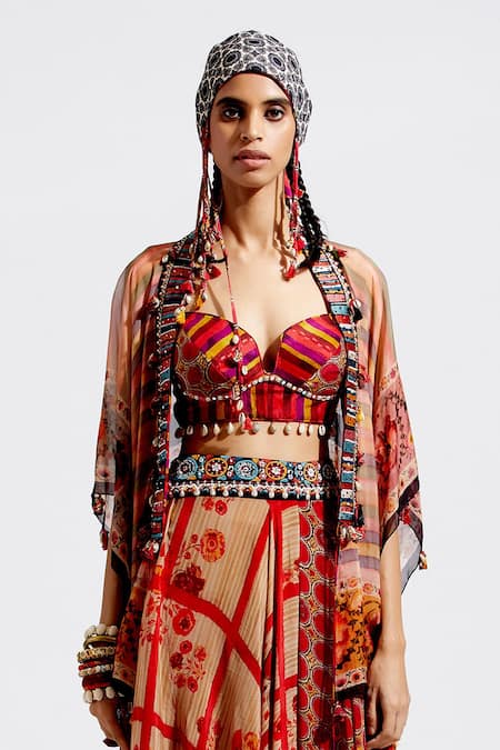 Aseem Kapoor_Multi Color Cotton Plunge Kama Striped Blouse_at_Aza_Fashions