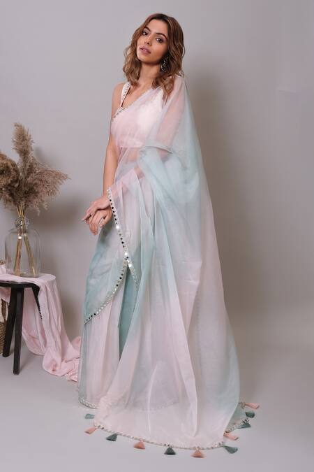 Nayantaara_Peach Organza, Silk Fringe, Florescence Embroidered Bordered Saree With Blouse _Online_at_Aza_Fashions