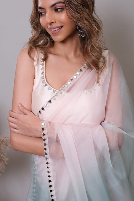 Shop_Nayantaara_Peach Organza, Silk Fringe, Florescence Embroidered Bordered Saree With Blouse _Online_at_Aza_Fashions