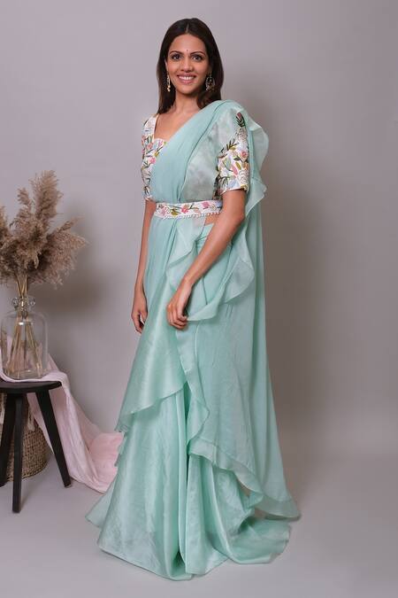 Nayantaara_Blue Satin, Chiffon, Silk Beads, Candy Crush Ruffle Pre-draped Saree With Blouse _Online_at_Aza_Fashions