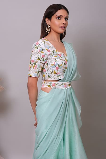 Buy_Nayantaara_Blue Satin, Chiffon, Silk Beads, Candy Crush Ruffle Pre-draped Saree With Blouse _Online_at_Aza_Fashions