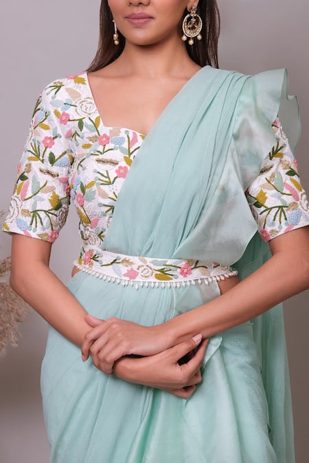 Shop_Nayantaara_Blue Satin, Chiffon, Silk Beads, Candy Crush Ruffle Pre-draped Saree With Blouse _Online_at_Aza_Fashions