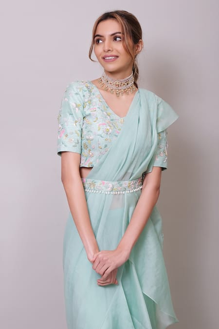 Nayantaara_Blue Satin, Silk, Organza, Chiffon Sequins, Ruffle Pre-draped Saree With Blouse _Online_at_Aza_Fashions