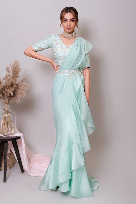 Buy_Nayantaara_Blue Satin, Silk, Organza, Chiffon Sequins, Ruffle Pre-draped Saree With Blouse _Online_at_Aza_Fashions