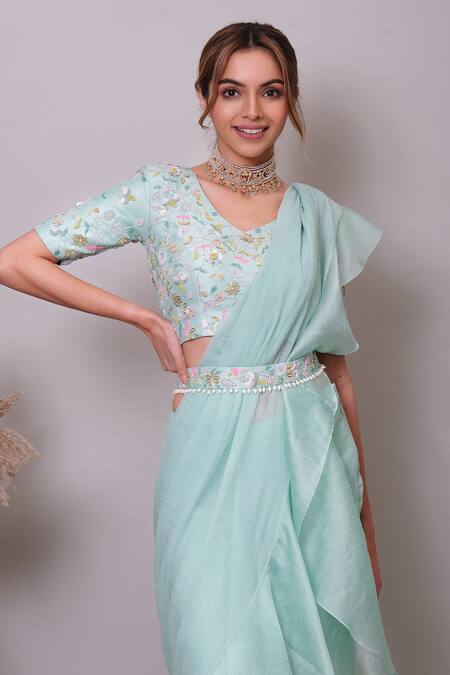 Shop_Nayantaara_Blue Satin, Silk, Organza, Chiffon Sequins, Ruffle Pre-draped Saree With Blouse _Online_at_Aza_Fashions