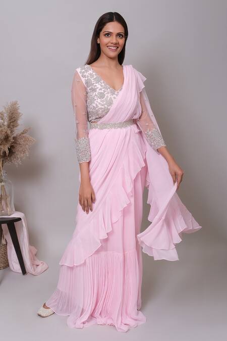 Nayantaara_Pink Organza, Georgette, Net Cut Work, Embroidery Pre-draped Saree With Blouse _Online_at_Aza_Fashions