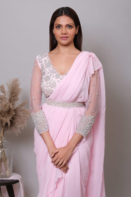 Buy_Nayantaara_Pink Organza, Georgette, Net Cut Work, Embroidery Pre-draped Saree With Blouse _Online_at_Aza_Fashions