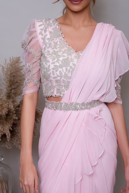 Shop Nayantaara Pink Organza, Georgette, Net Cut Work, Ruffle Saree With Dana Blouse Online at Aza Fashions Shop_Nayantaara_Pink Organza, Georgette, Net Cut Work, Ruffle Saree With Dana Blouse _Online_at_Aza_Fashions