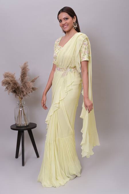 Nayantaara_Yellow Organza, Georgette Sequins, Twinkle Pre-draped Saree With Blouse _Online_at_Aza_Fashions