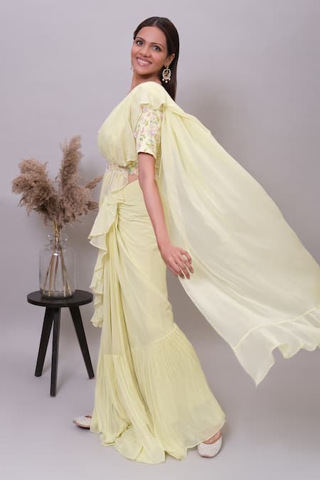 Buy_Nayantaara_Yellow Organza, Georgette Sequins, Twinkle Pre-draped Saree With Blouse _Online_at_Aza_Fashions