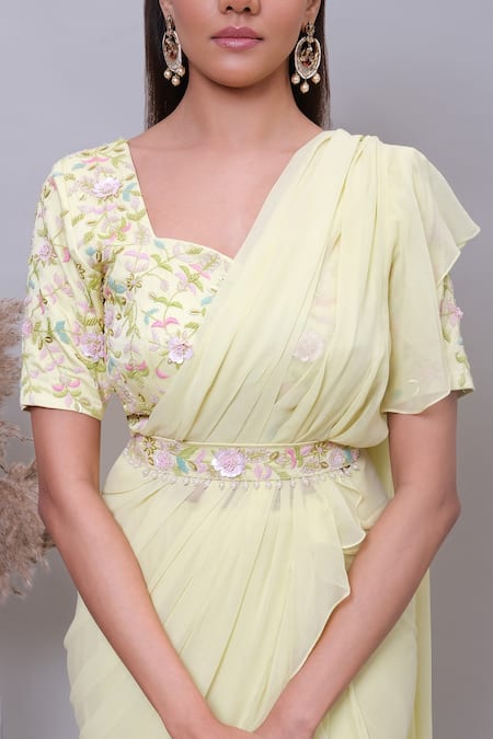 Shop_Nayantaara_Yellow Organza, Georgette Sequins, Twinkle Pre-draped Saree With Blouse _Online_at_Aza_Fashions