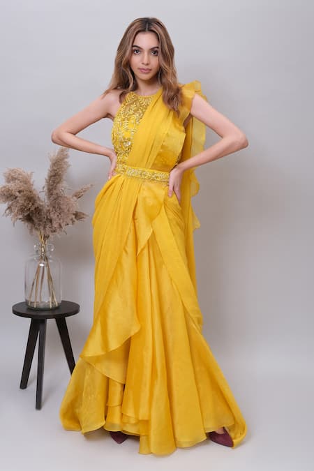 Nayantaara_Yellow Satin, Organza, Chiffon, Net Sunny Sunflower Lehenga Saree And Blouse Set _Online_at_Aza_Fashions