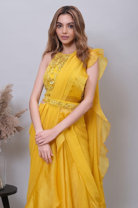Buy_Nayantaara_Yellow Satin, Organza, Chiffon, Net Sunny Sunflower Lehenga Saree And Blouse Set _Online_at_Aza_Fashions