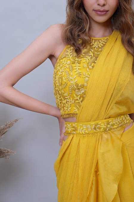 Shop_Nayantaara_Yellow Satin, Organza, Chiffon, Net Sunny Sunflower Lehenga Saree And Blouse Set _Online_at_Aza_Fashions