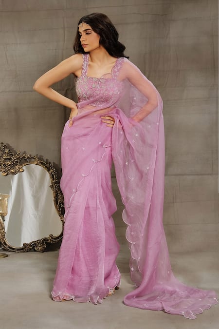 Nayantaara_Purple Organza, Silk, Net Cut Work, Jasmine Love Embroidered Saree With Blouse _Online_at_Aza_Fashions