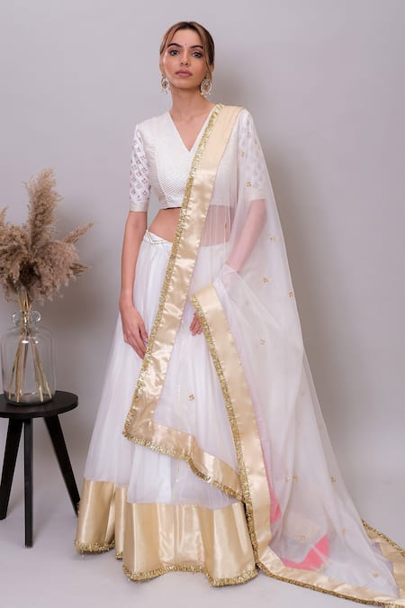 Nayantaara_Ivory Chanderi Silk, Organza Gota Patti, Sequins, Heer Blouse Lehenga Set _Online_at_Aza_Fashions