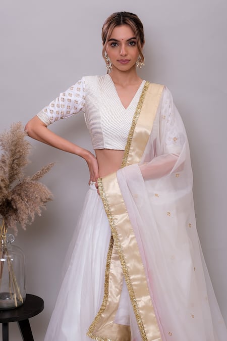 Shop_Nayantaara_Ivory Chanderi Silk, Organza Gota Patti, Sequins, Heer Blouse Lehenga Set _Online_at_Aza_Fashions