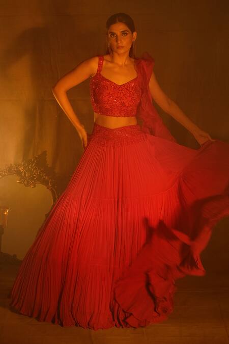 Buy_Nayantaara_Pink Georgette, Silk, Net Beads, Sequins Gulbahar Tiered Lehenga Blouse Set _Online_at_Aza_Fashions