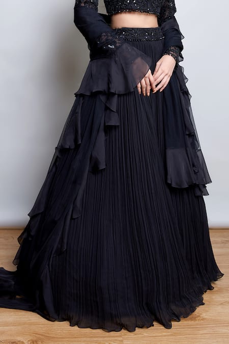 Nayantaara_Black Georgette, Silk Beads, Sequins, Embroidery, Cut Bling Lehenga Blouse Set _Online_at_Aza_Fashions