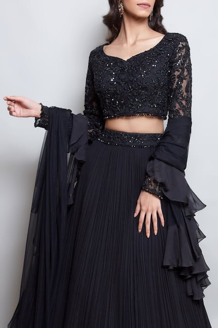 Buy_Nayantaara_Black Georgette, Silk Beads, Sequins, Embroidery, Cut Bling Lehenga Blouse Set _Online_at_Aza_Fashions