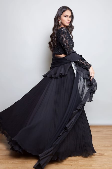 Shop_Nayantaara_Black Georgette, Silk Beads, Sequins, Embroidery, Cut Bling Lehenga Blouse Set _Online_at_Aza_Fashions
