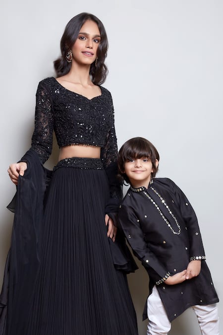 Nayantaara_Black Georgette, Silk Beads, Sequins, Embroidery, Cut Bling Lehenga Blouse Set _at_Aza_Fashions