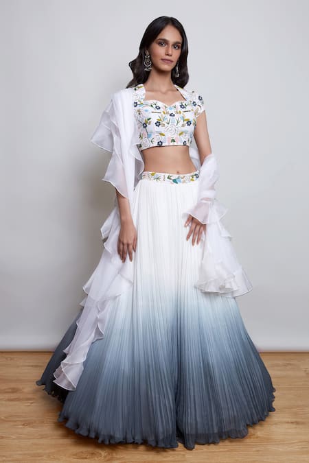 Nayantaara Ivory Georgette Hand Embroidered Cut Dana Snowdrop Ombre Pleated Lehenga Set 