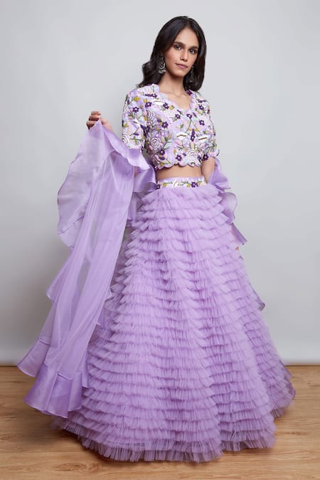 Nayantaara_Purple Silk, Net Cut Work, Embroidery, Ruffles Orchid Frill Layered Lehenga Set _Online_at_Aza_Fashions