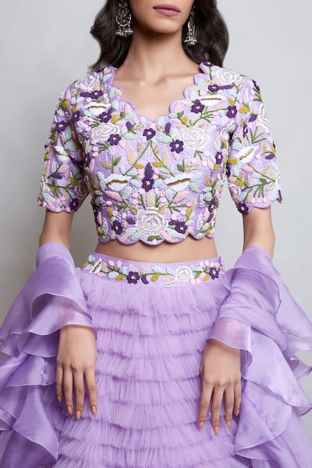 Shop_Nayantaara_Purple Silk, Net Cut Work, Embroidery, Ruffles Orchid Frill Layered Lehenga Set _Online_at_Aza_Fashions