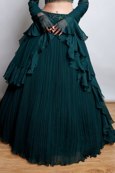 Nayantaara_Green Georgette, Silk, Net Beads, Sequins, Bottle Hand Embroidered Lehenga Set _Online_at_Aza_Fashions