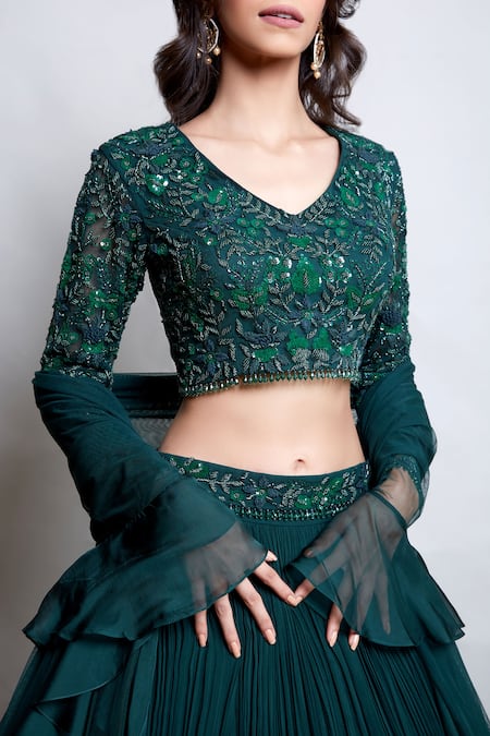 Shop_Nayantaara_Green Georgette, Silk, Net Beads, Sequins, Bottle Hand Embroidered Lehenga Set _Online_at_Aza_Fashions