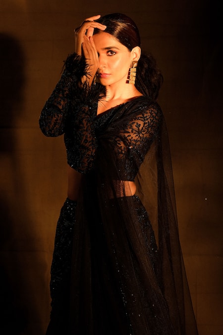 Nayantaara_Black Crepe, Net Sequins, Beads, Tassels Goddess Layered Lehenga Blouse Set _Online_at_Aza_Fashions